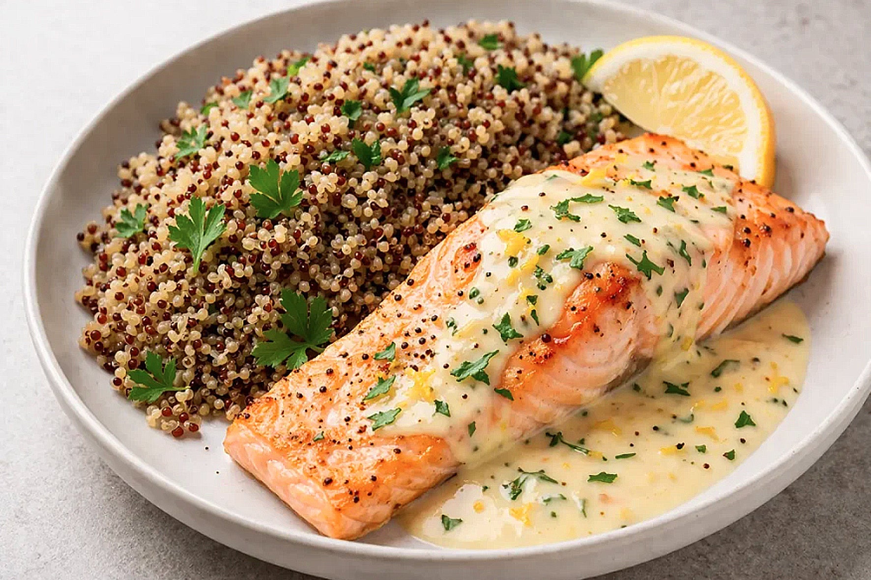 Pavé de saumon, quinoa et sauce citronnée ( a faire chez soi )